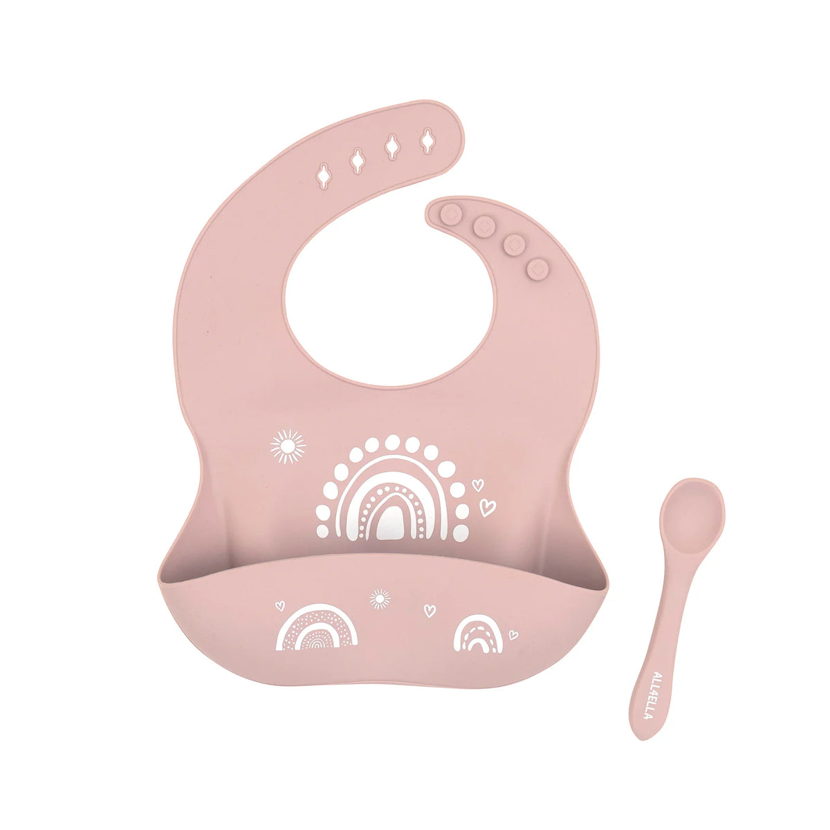 All4Ella Silicone Catch Bib with Spoon - Rainbow Dust Pink