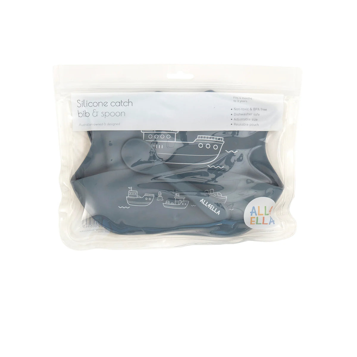 All4Ella Silicone Catch Bib with Spoon - Boats Slate Blue