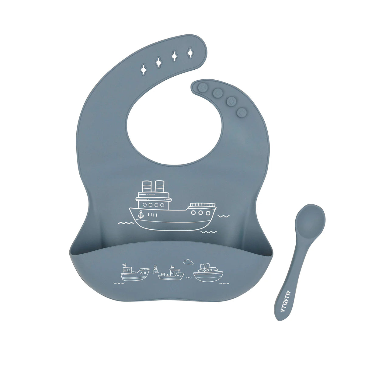 All4Ella Silicone Catch Bib with Spoon - Boats Slate Blue