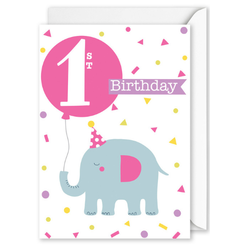 “1st Birthday” Elephant with Pink Balloon