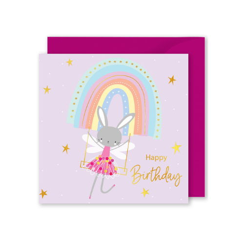 Foiled Square Card: &quot;Happy Birthday&quot; Rabbit and Rainbow