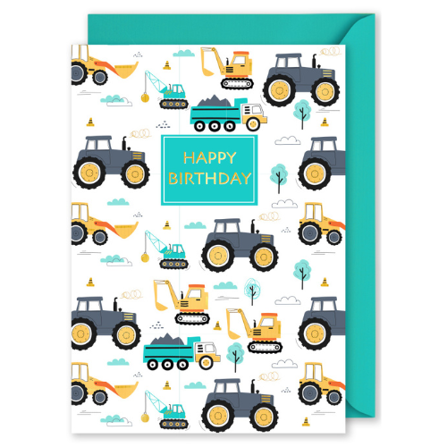 Foiled Vertical Card: &quot;HAPPY BIRTHDAY&quot; Tractors