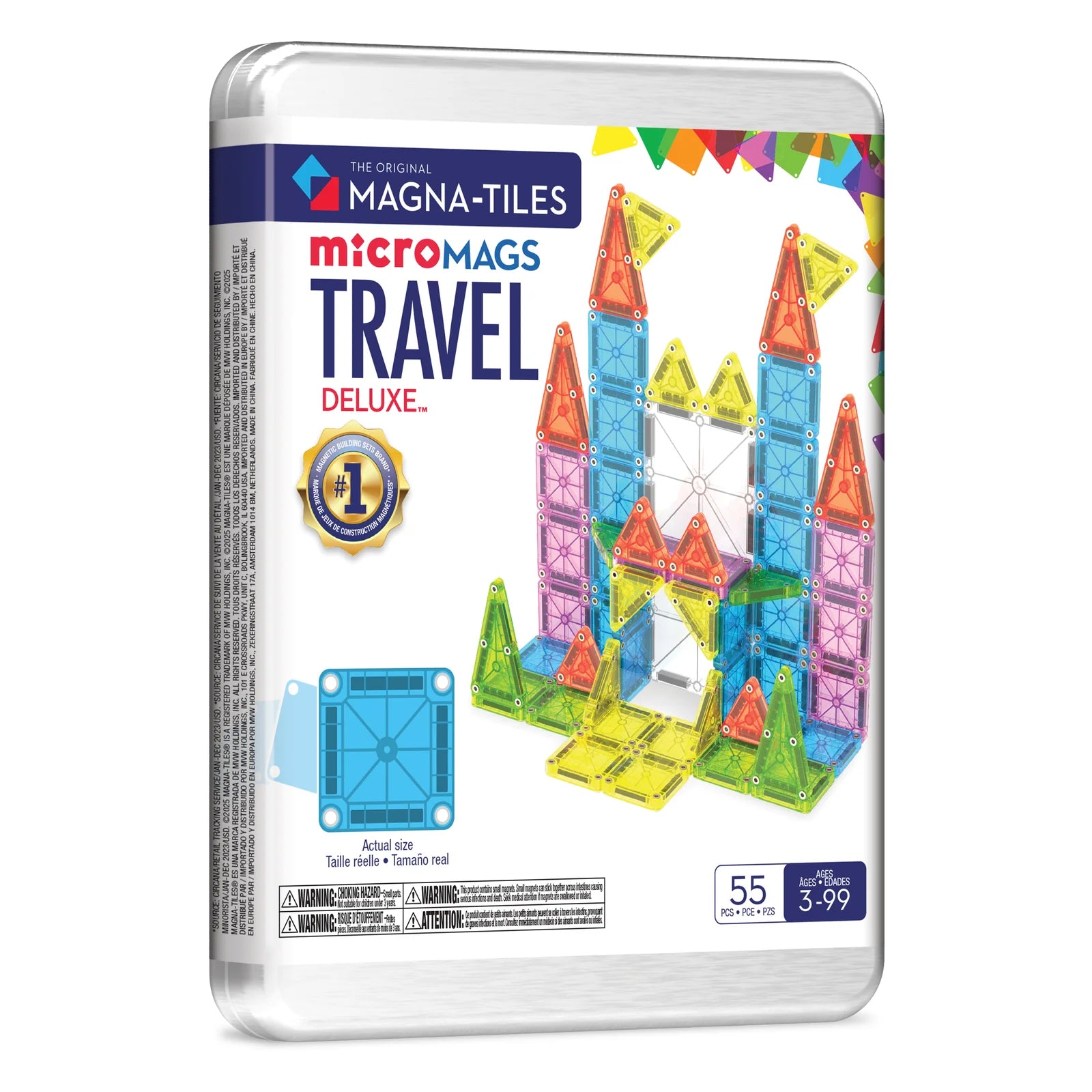 Magna-Tiles microMAGS Travel Deluxe 55-piece magnetic tile set in bright translucent colours, portable STEM building toy for creative play on the go