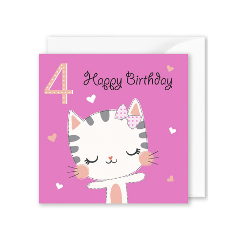 “4, Happy Birthday” Kitten on Bright Pink