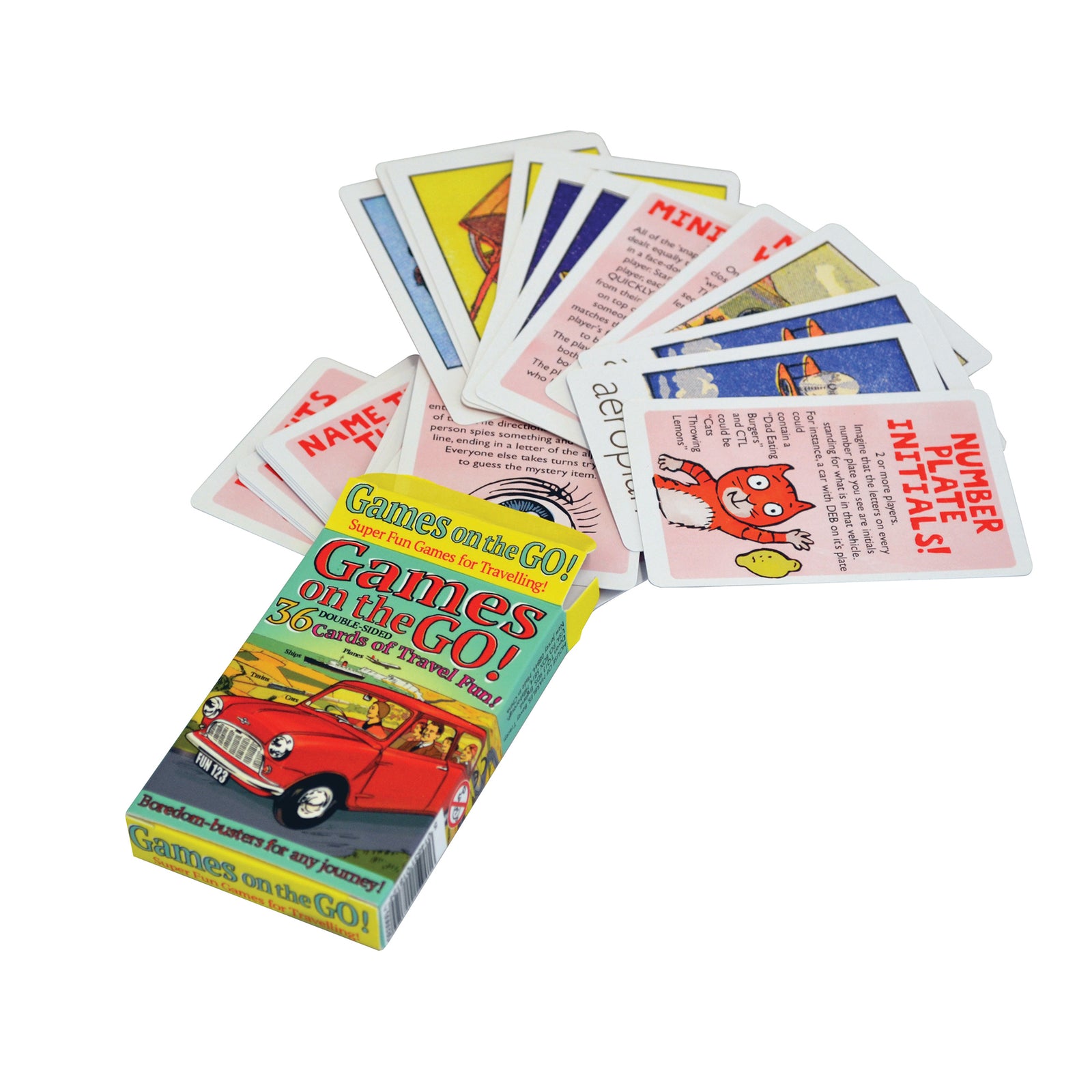 Games on the Go! Travel Cards set with 36 colourful double-sided cards featuring travel games for kids