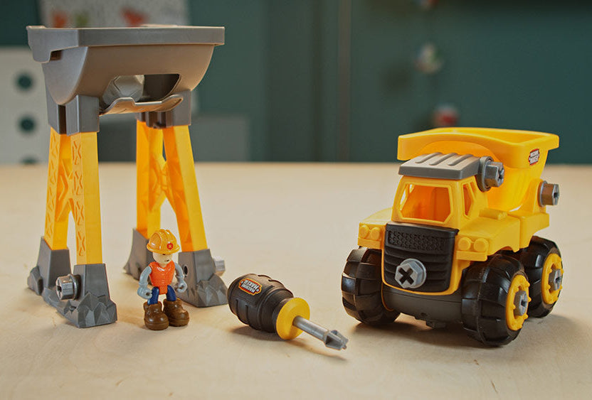 Machine Maker Junior Builder Dump Truck/Tower Drop construction toy set with figure, screwdriver, and 16 parts – STEM take-apart toy for ages 3+
