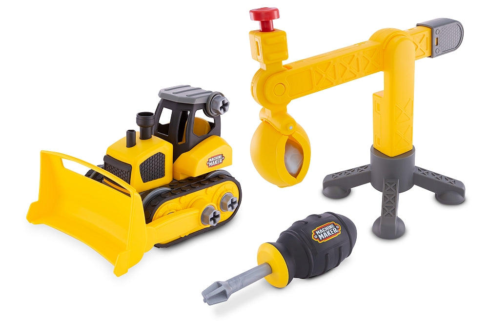 Machine Maker Junior Builder Bulldozer/Crane construction toy set with figure, screwdriver, and 16 parts – take-apart STEM toy for ages 3+