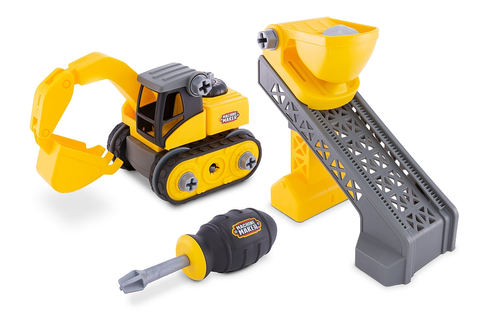 Machine Maker Junior Builder Excavator/Sifter construction toy set with figure, screwdriver, and 16 parts – take-apart STEM toy for ages 3+