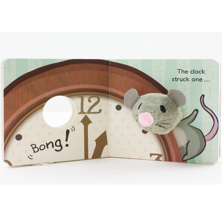 Hickory Dickory Dock Finger Puppet Board Book featuring a cute mouse puppet peeking through pages