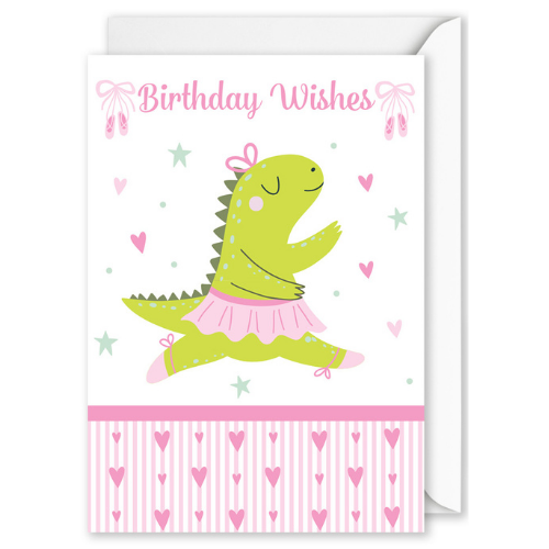 “Birthday Wishes” Dinosaur doing ballet