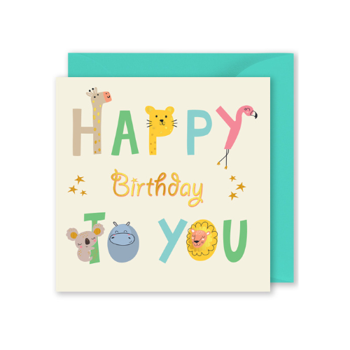 Foiled Square Card: “HAPPY BIRTHDAY TO YOU” Animal Lettering