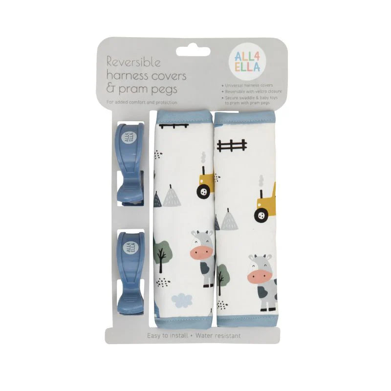 All4Ella Reversible Pram Harness Covers and Pram Pegs Set- Barnyard