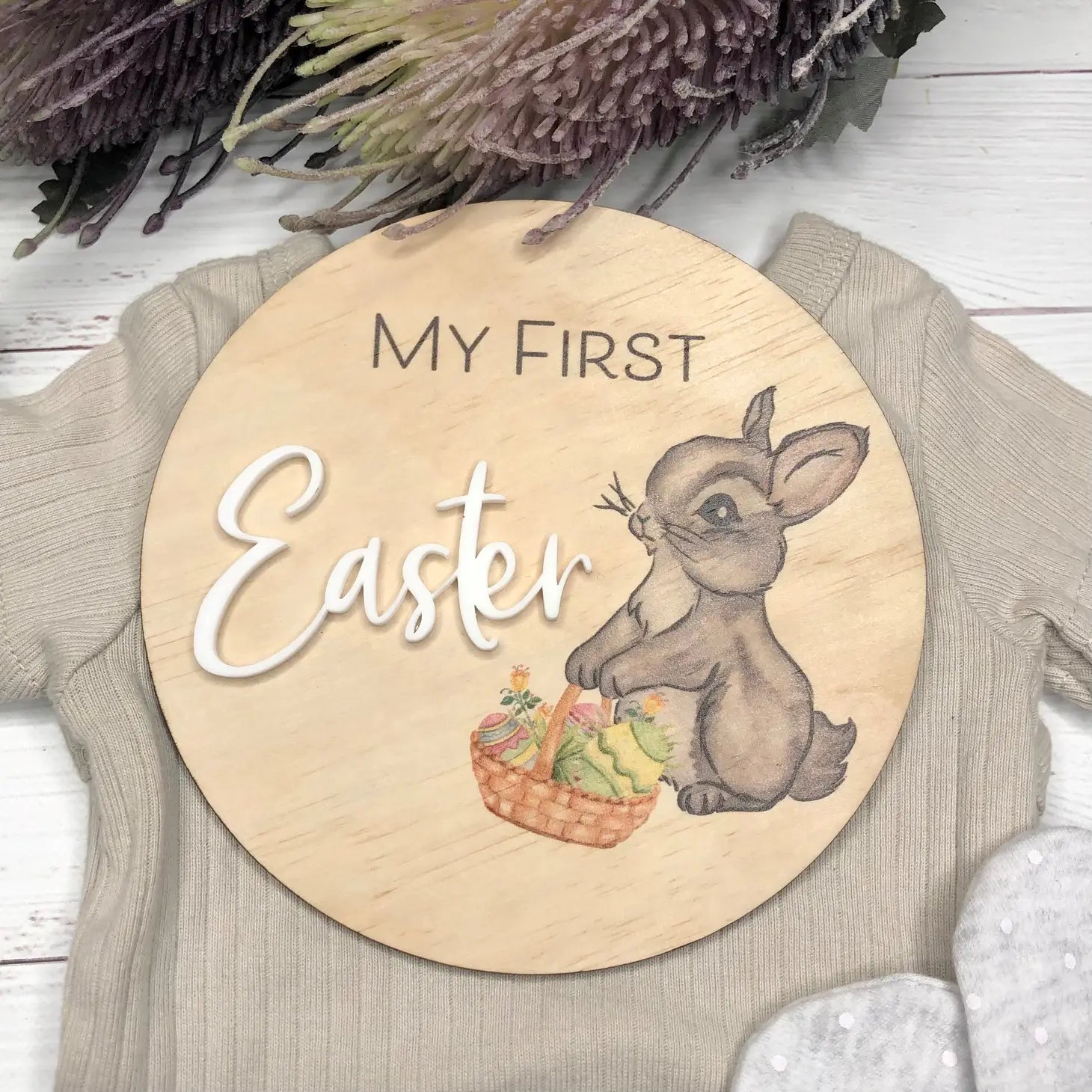 My First Easter Plaque – wooden milestone plaque with bunny design and white acrylic “Easter” by Inspired Wholesale