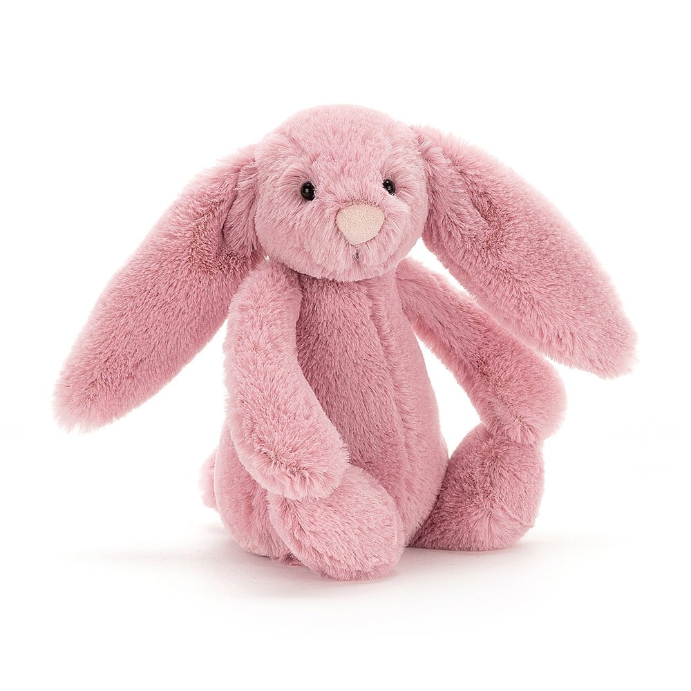 A Jellycat Bashful Tulip Pink Bunny - Small soft toy with long floppy ears, a round nose, and small black eyes sits upright on a white background.