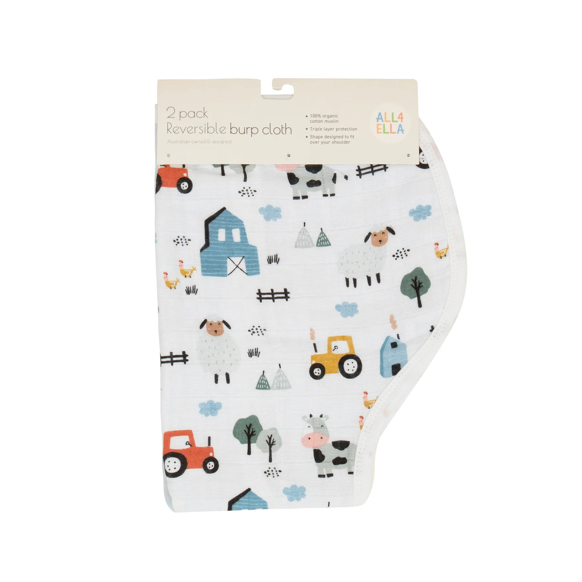 All4Ella Reversible Burp Cloth 2Pk - Barnyard