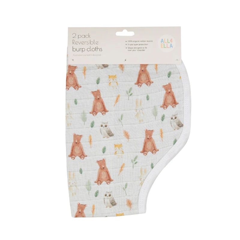 All4Ella Reversible Burp Cloth 2Pk - Forest Friends
