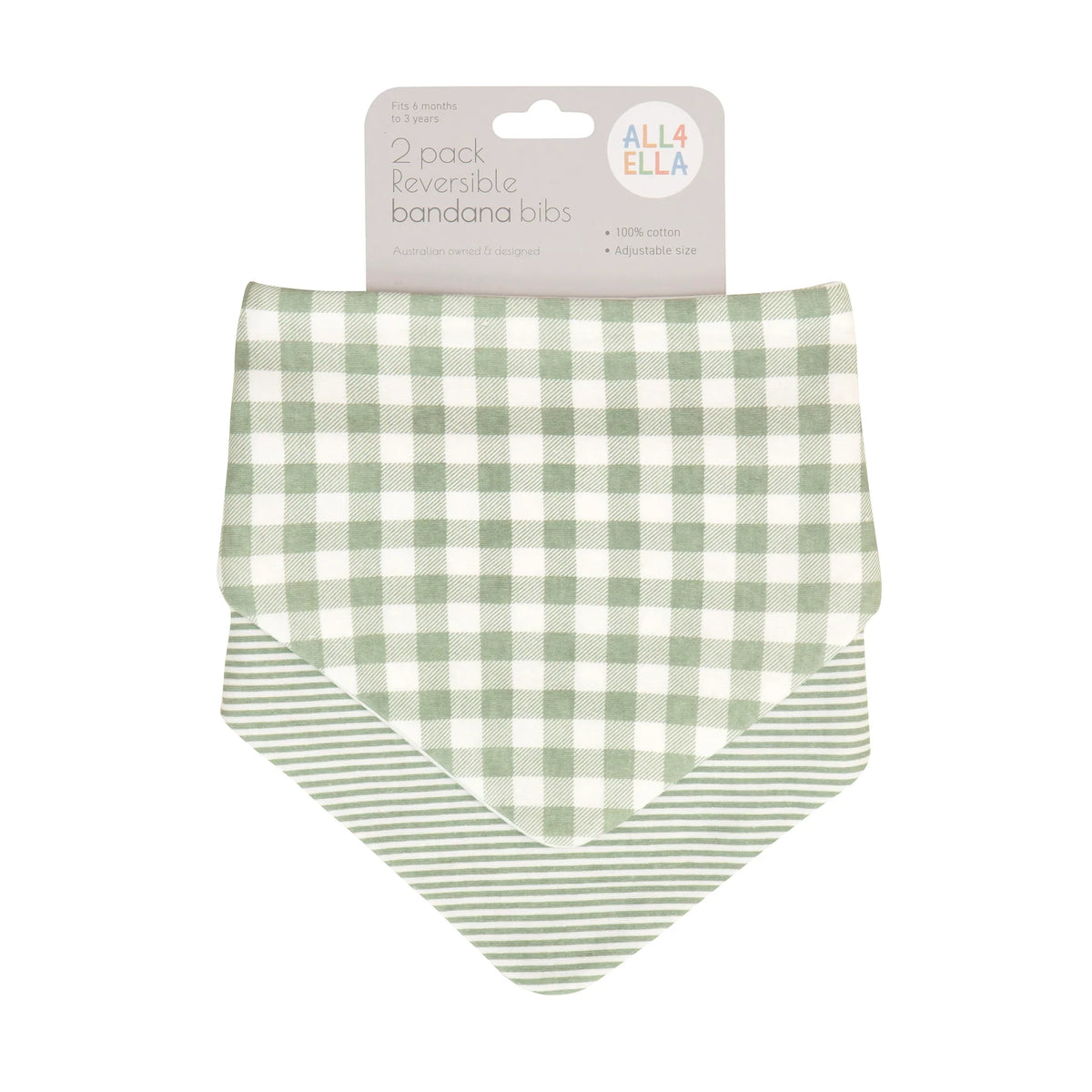 All4Ella Bandana Reversible Bibs 2 Pack - Gingham Sage