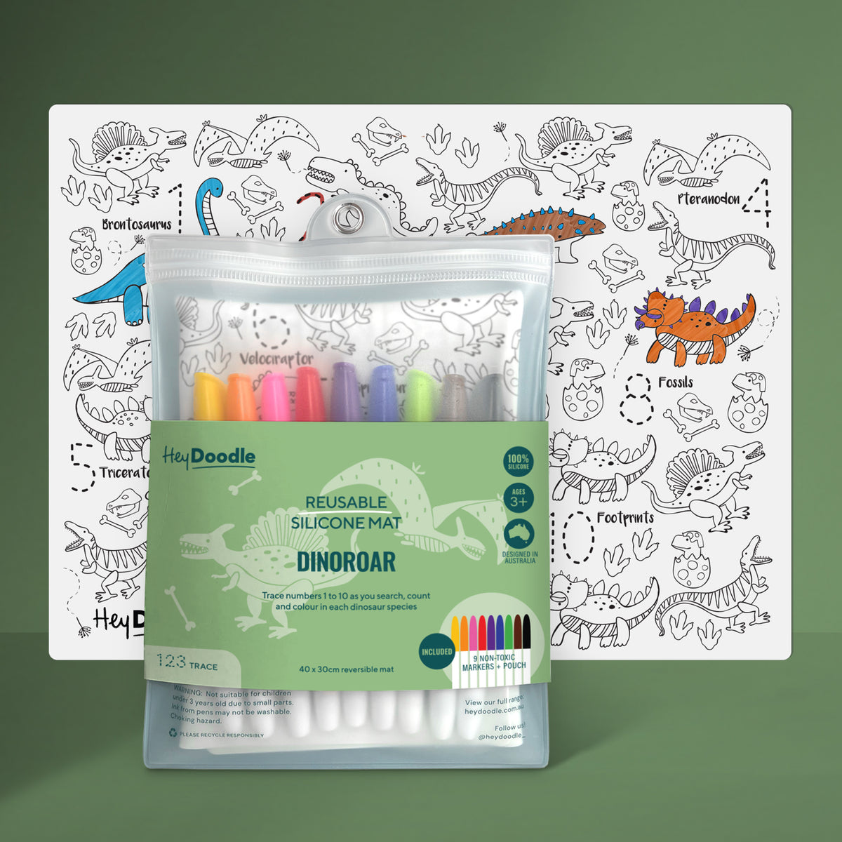 HeyDoodle Reusable Colouring Placemat - Dino Roar!