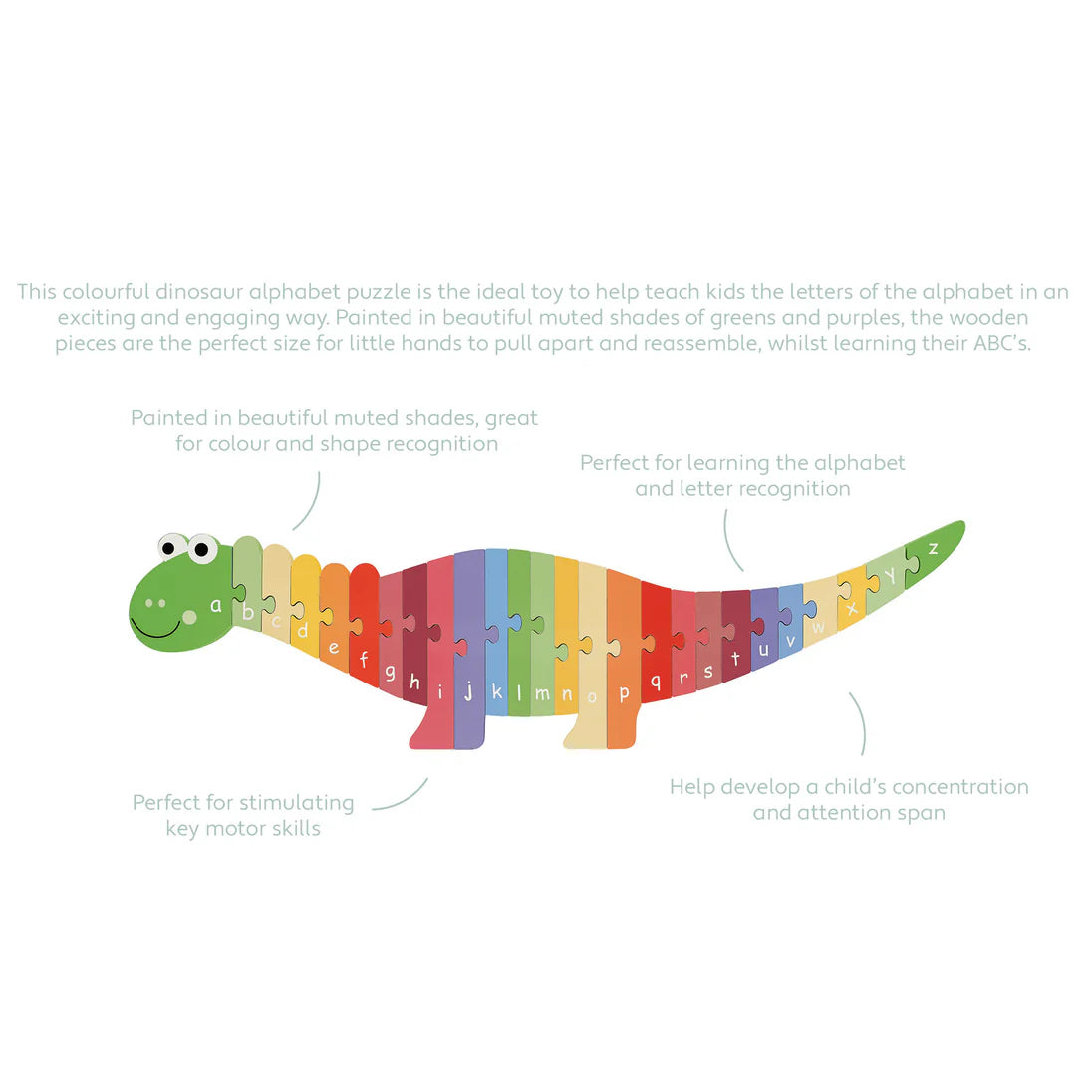 Wooden Dinosaur Alphabet Puzzle – colourful eco-friendly ABC learning toy made from sustainable wood, 15x59cm, 18m+