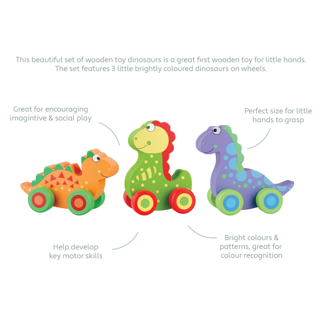 Set of 3 wooden push along dinosaurs – sustainable eco-friendly toys for toddlers aged 18m+, colourful and safe