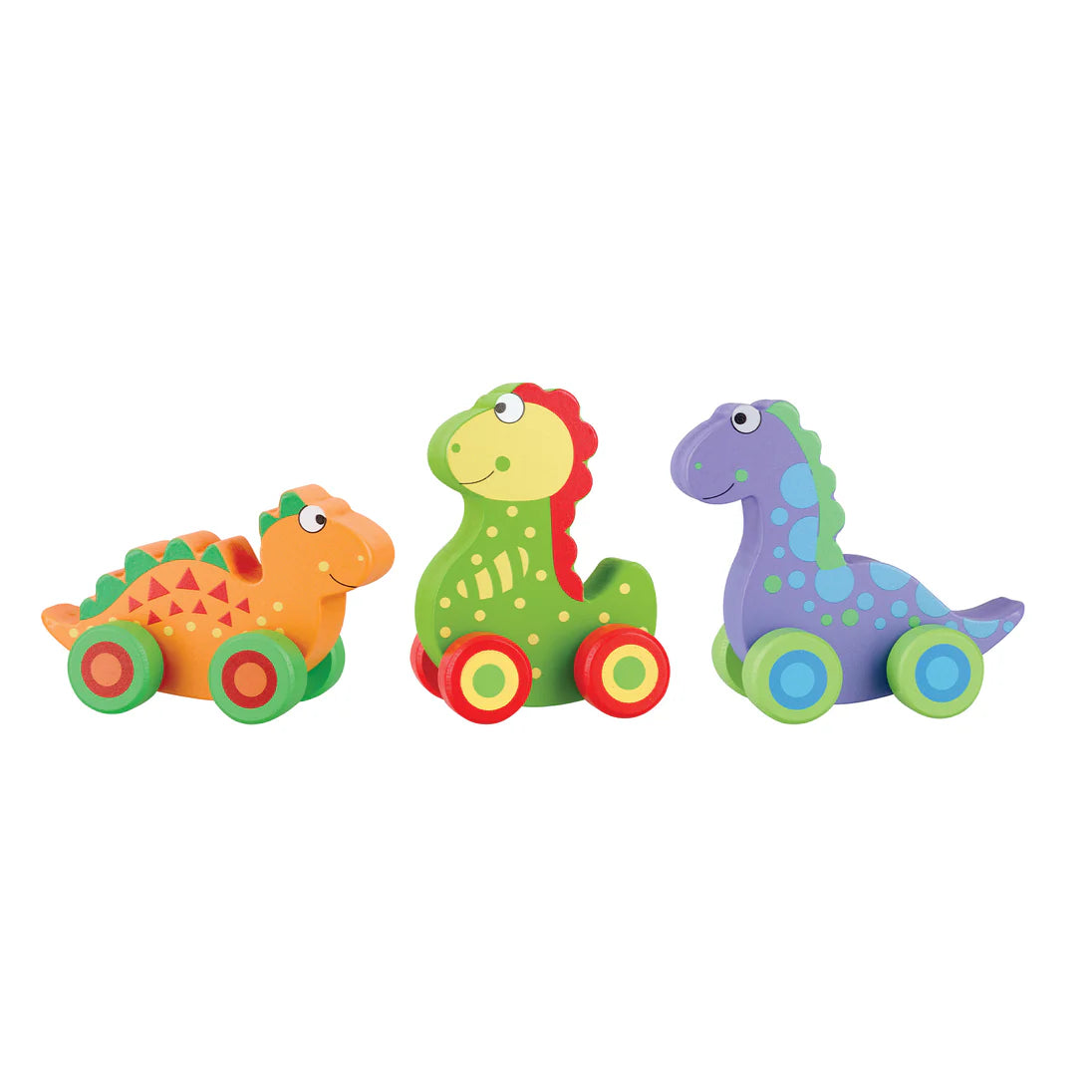 Set of 3 wooden push along dinosaurs – sustainable eco-friendly toys for toddlers aged 18m+, colourful and safe