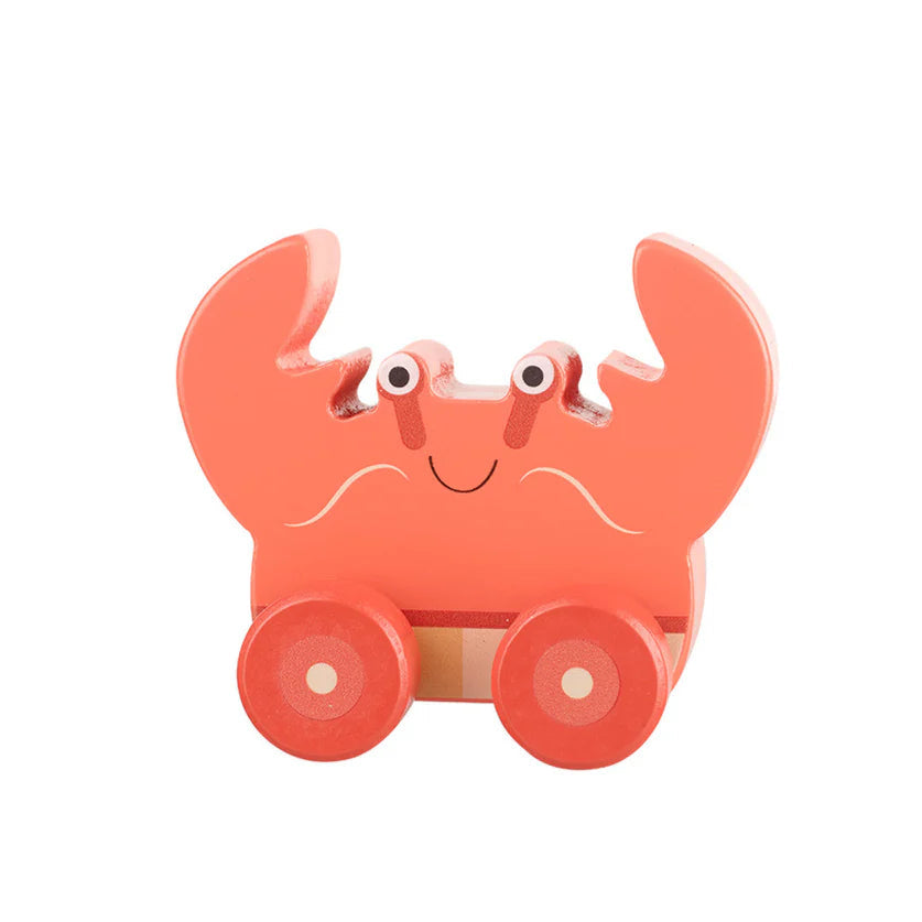 Wooden push along crab toy made from sustainable wood, eco-friendly toddler toy with wheels, colourful and safe for 18m+