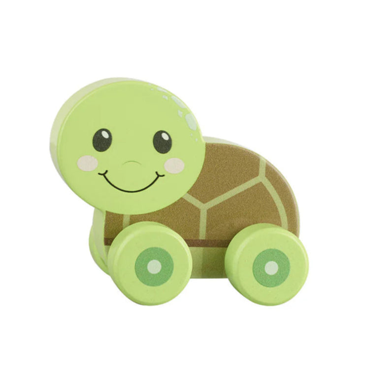 Wooden push along turtle toy made from sustainable wood, eco-friendly and safe toy for toddlers aged 18m+, smooth and colourful design