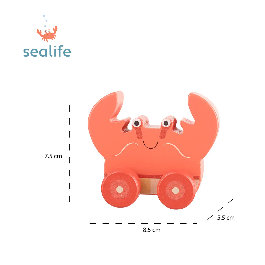 Wooden push along crab toy made from sustainable wood, eco-friendly toddler toy with wheels, colourful and safe for 18m+