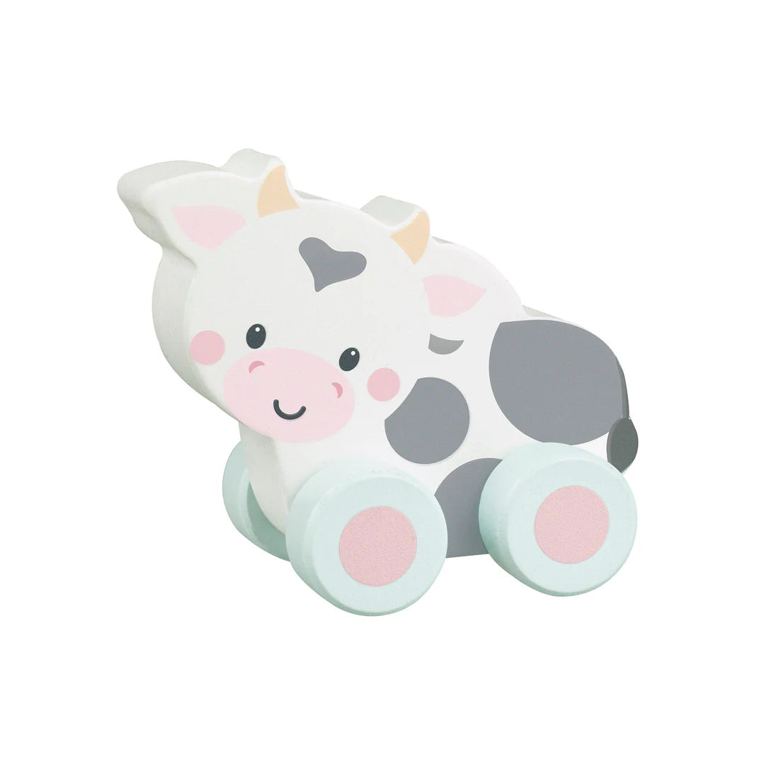 Wooden push along cow toy made from sustainable wood, eco-friendly toddler toy with wheels, safe and smooth design for ages 18m+
