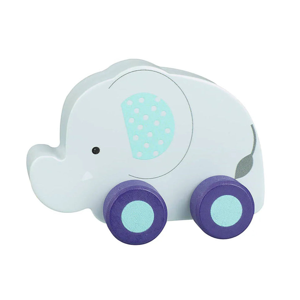 Wooden push along elephant toy made from FSC® sustainable wood, eco-friendly and safe for toddlers aged 18m+, smooth and durable design