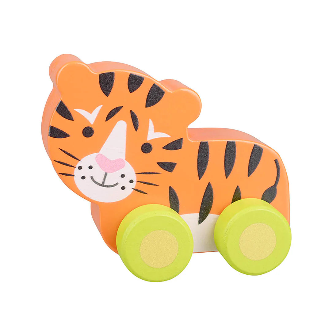 Wooden push along tiger toy made from FSC® sustainable wood, eco-friendly toy for toddlers aged 18m+, bright and safe design