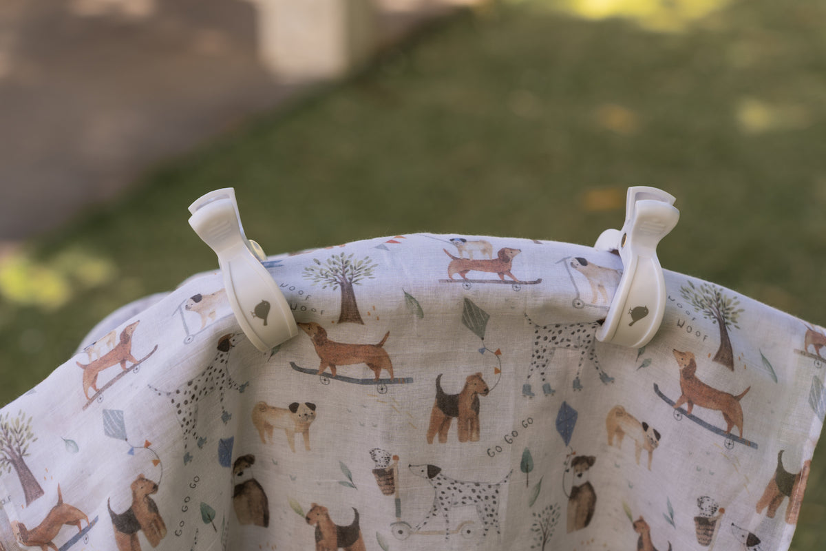 Emotion &amp; Kids Dogs Day Out Muslin Wrap &amp; Dusty Blue Pram Clips