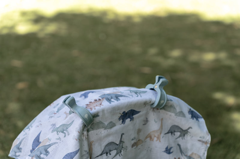 Emotion &amp; Kids Dinosaurs Adventure Muslin Wrap &amp; Dusty Blue Pram Clips