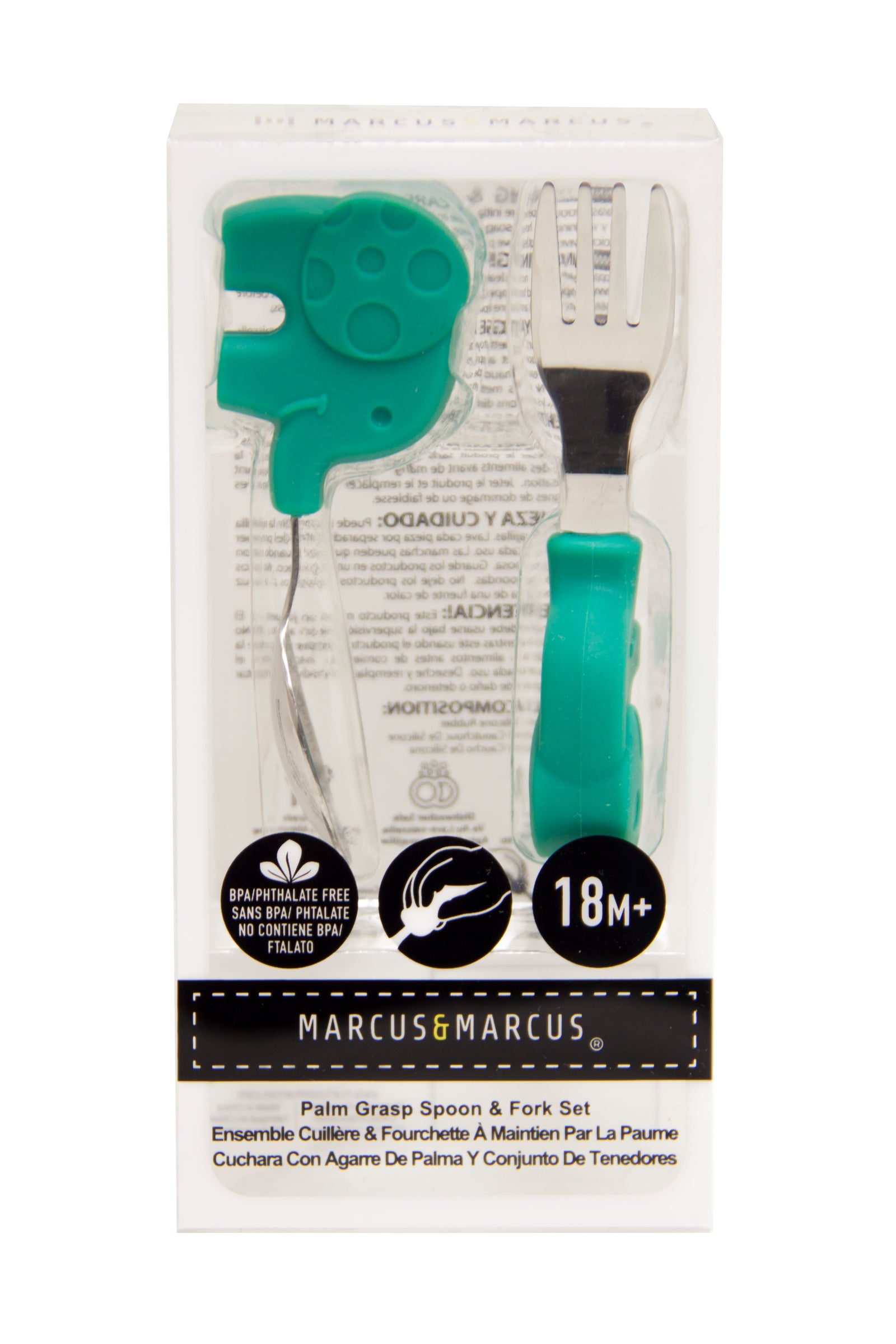 Marcus & Marcus Elephant Palm Grasp Spoon and Fork Set in green, BPA-free silicone and stainless steel toddler cutlery for ages 18m+