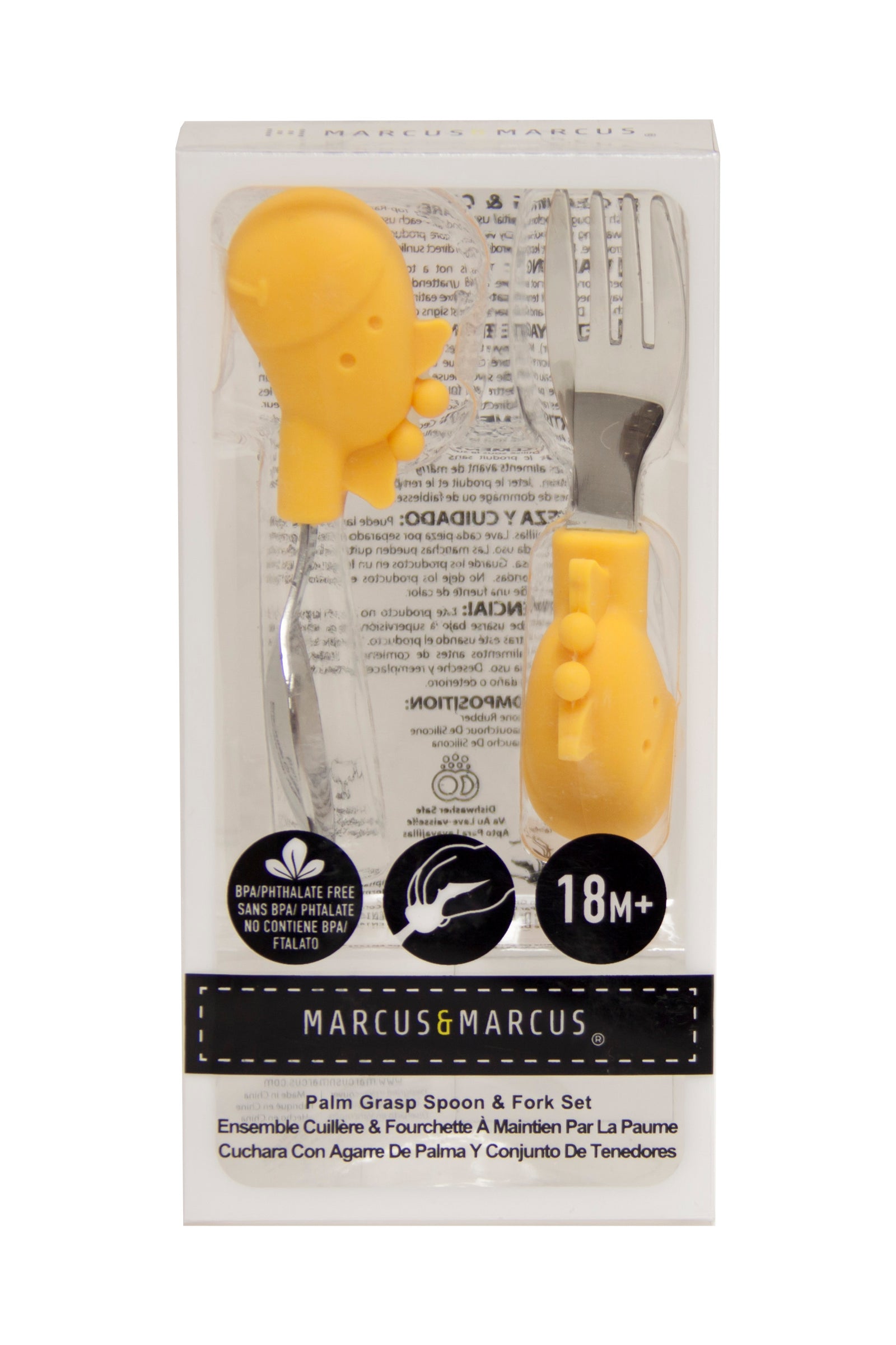 Marcus & Marcus Yellow Giraffe Palm Grasp Spoon and Fork Set, BPA-free silicone and stainless steel toddler cutlery for ages 18m+