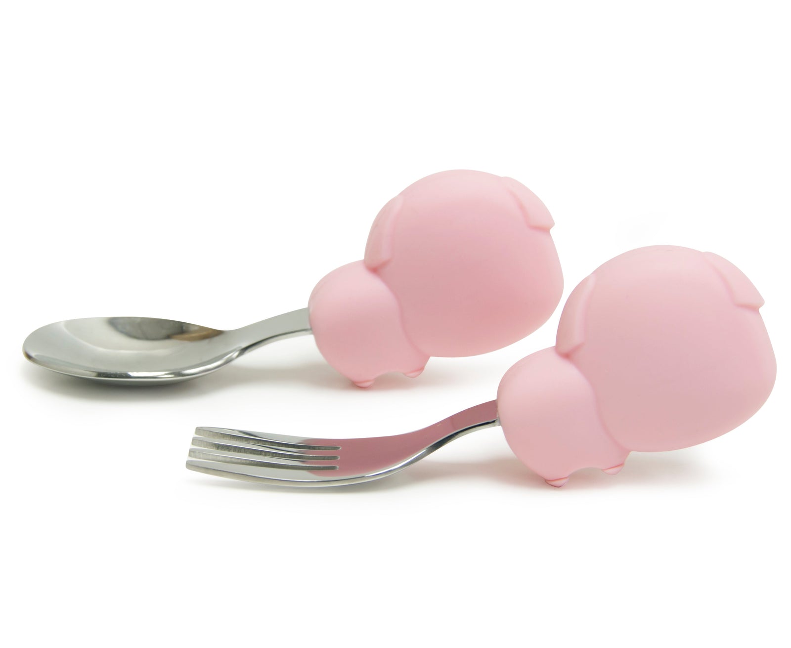 Marcus & Marcus Pig Palm Grasp Spoon and Fork Set in pink, BPA-free silicone and stainless steel toddler cutlery for ages 18m+