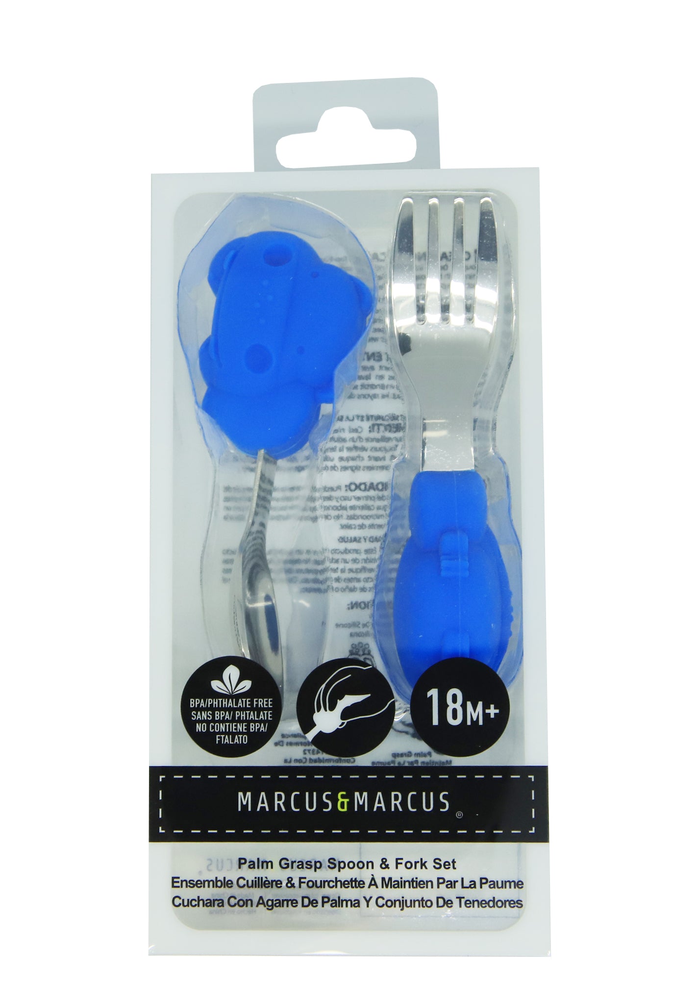 Marcus & Marcus Hippo Palm Grasp Spoon and Fork Set in blue, BPA-free silicone and stainless steel toddler cutlery for ages 18m+