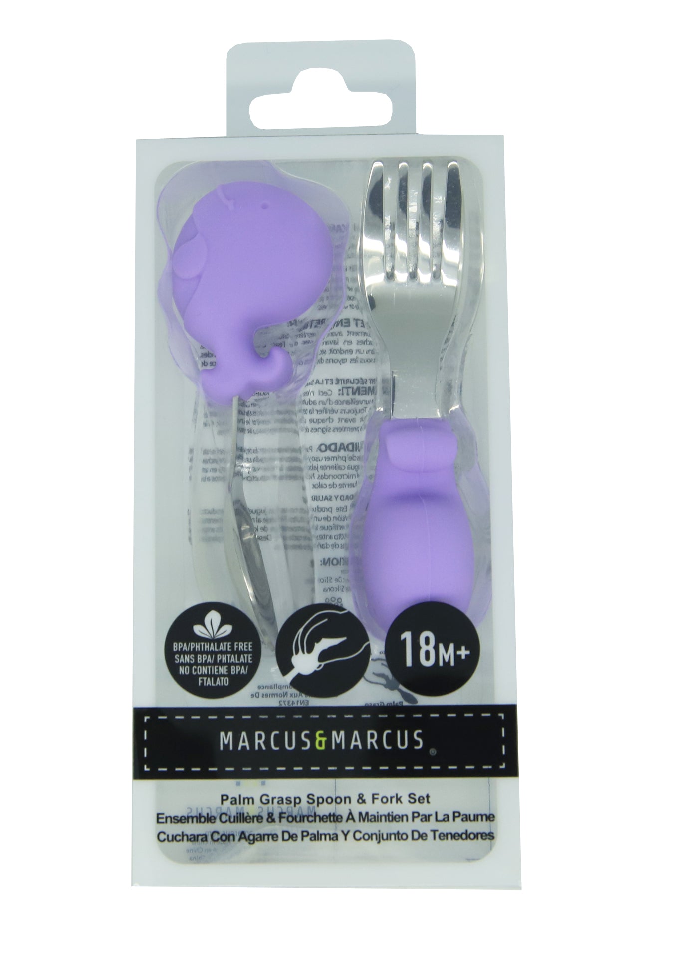 Marcus & Marcus Whale Palm Grasp Spoon and Fork Set in purple, BPA-free silicone and stainless steel toddler cutlery for 18m+