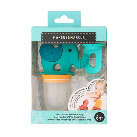 Marcus & Marcus Silicone Self Feeder N Pop in green Elephant design, BPA-free 3-in-1 feeder, teether, and popsicle mould for babies