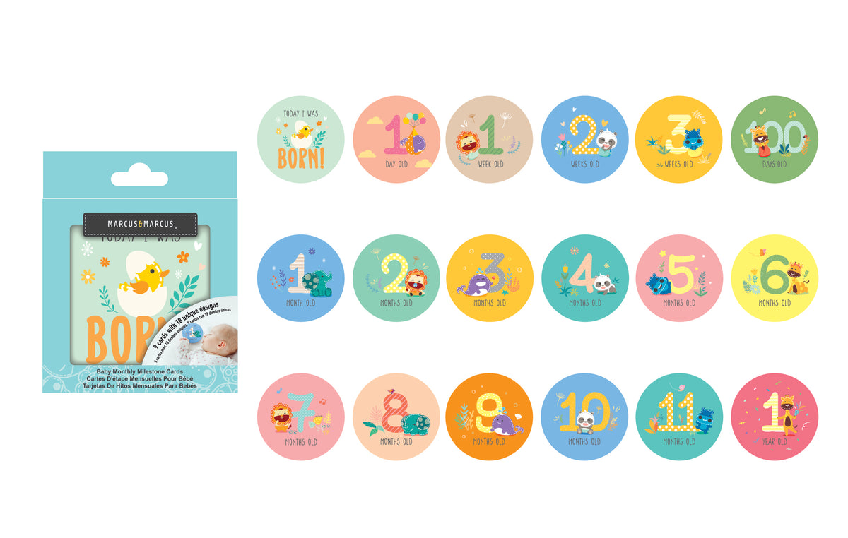 Marcus &amp; Marcus Baby Monthly Milestone Cards, 9 double-sided eco-friendly cards made from 100% recycled paper