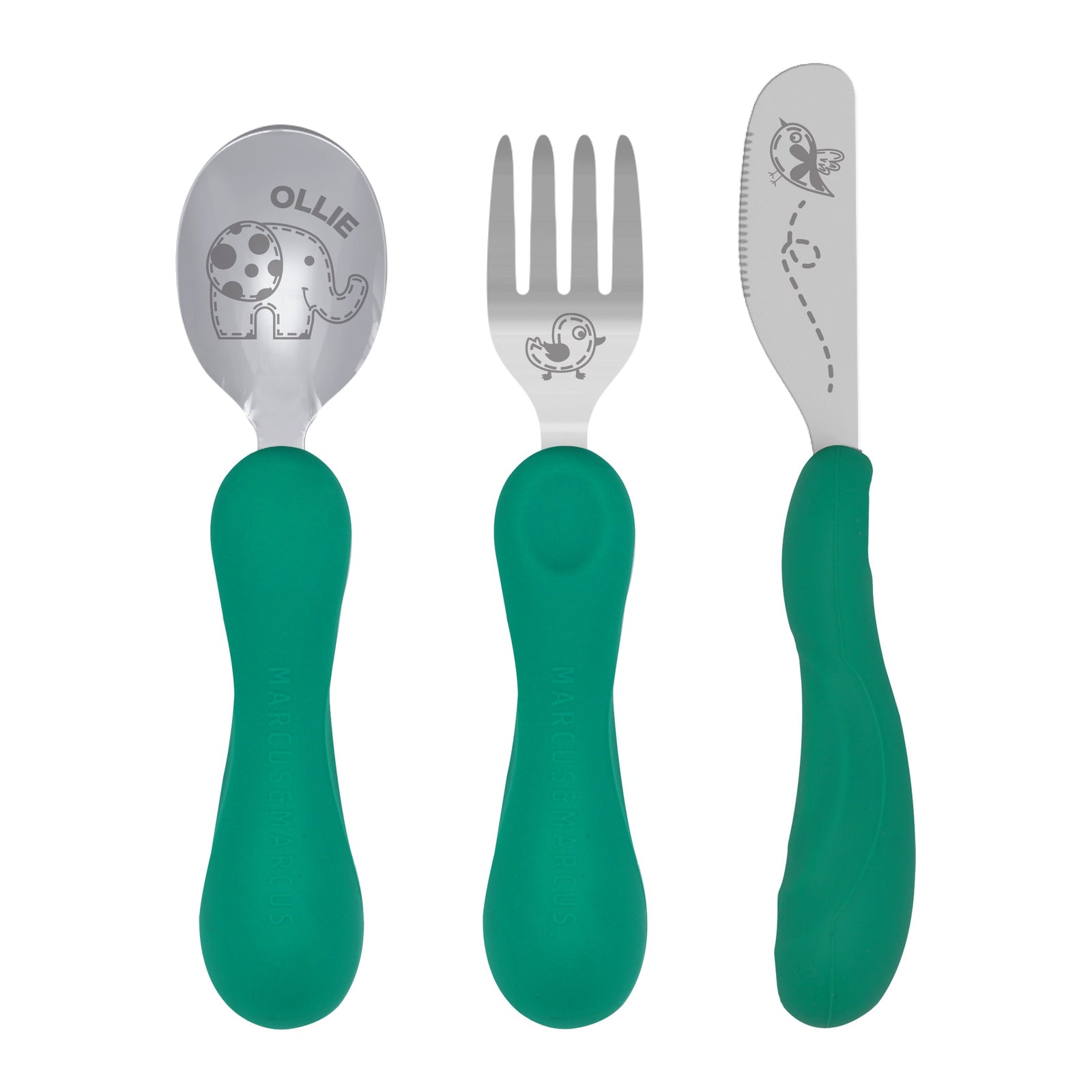 Marcus & Marcus Easy Grip Cutlery Set in green with Elephant design, BPA-free silicone and stainless steel utensils for toddlers