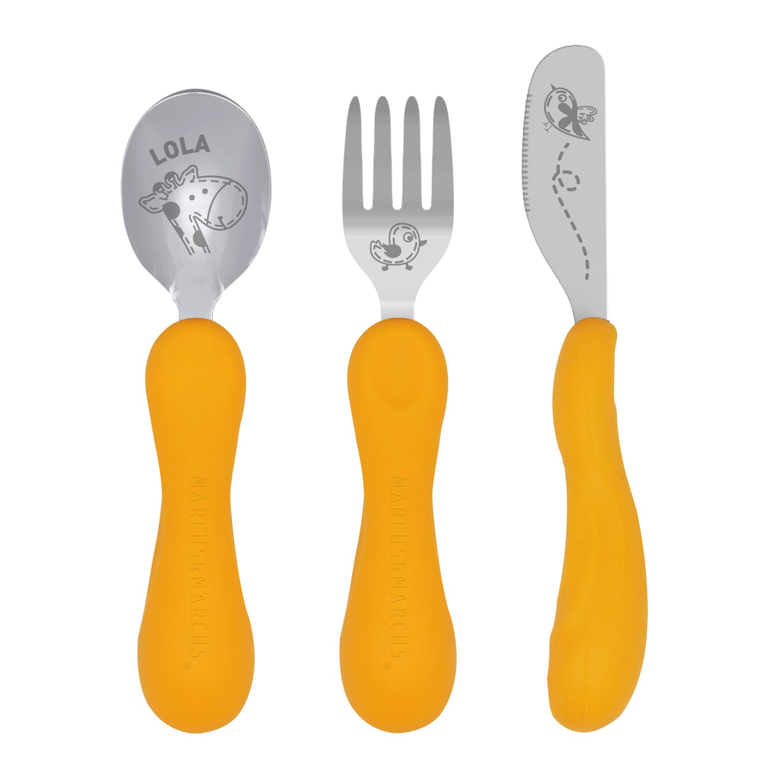 Marcus & Marcus Easy Grip Cutlery Set in yellow with Giraffe design, BPA-free silicone and stainless steel utensils for toddlers