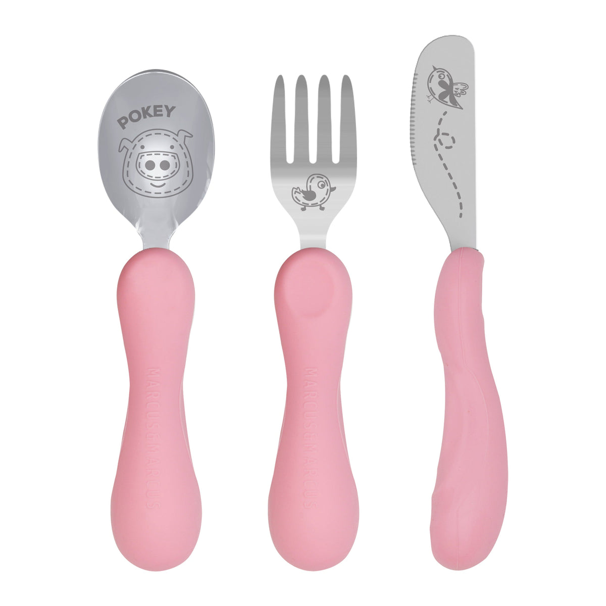 Marcus &amp; Marcus Easy Grip Cutlery Set in pink Pig design, BPA-free silicone and stainless steel utensils for toddlers