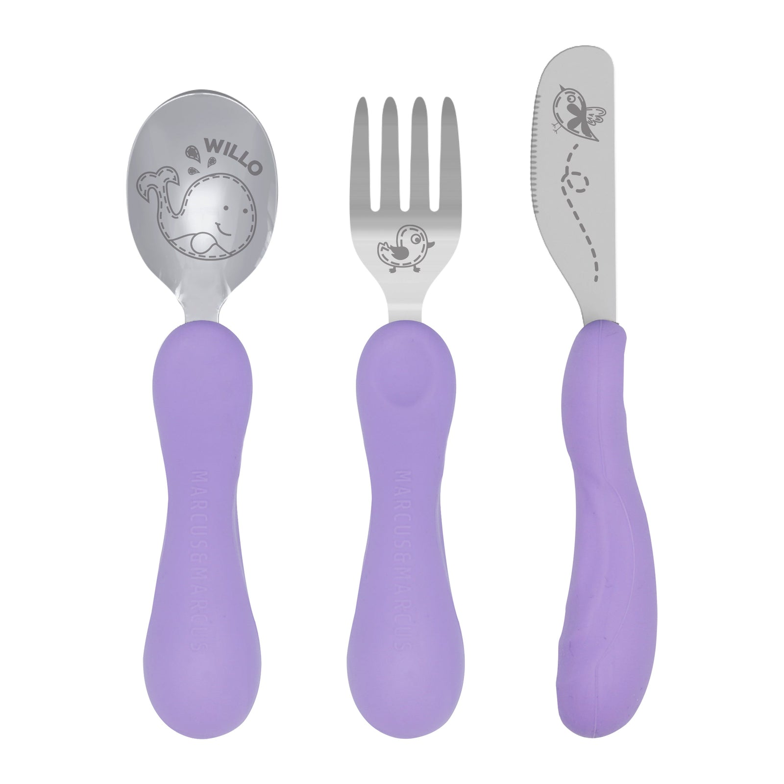 Marcus & Marcus Easy Grip Cutlery Set in purple with Whale design, BPA-free silicone and stainless steel utensils for toddlers