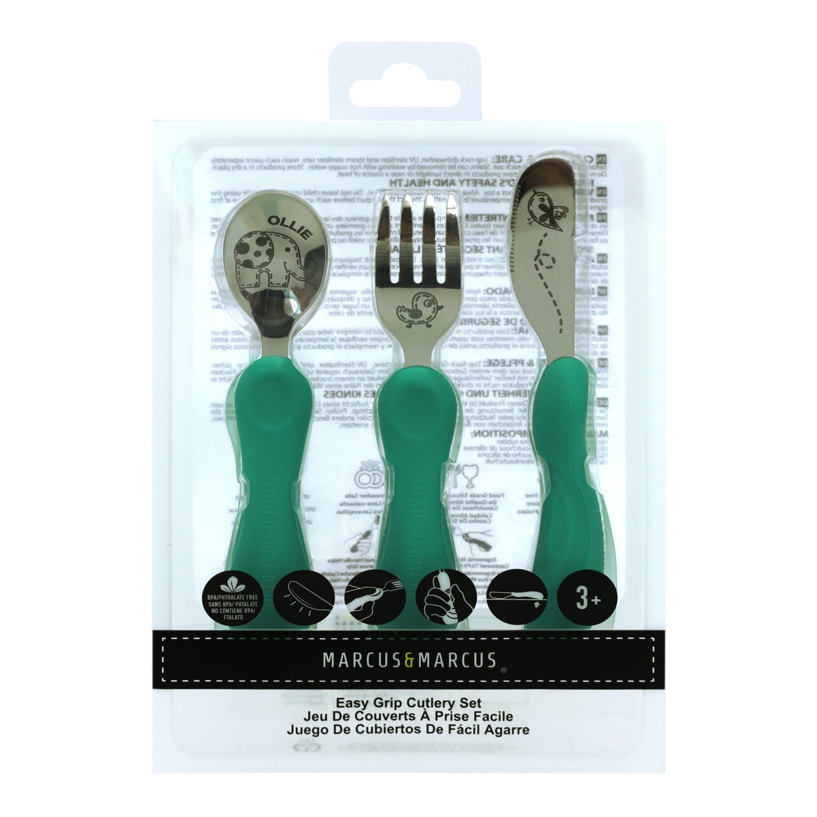 Marcus & Marcus Easy Grip Cutlery Set in green with Elephant design, BPA-free silicone and stainless steel utensils for toddlers