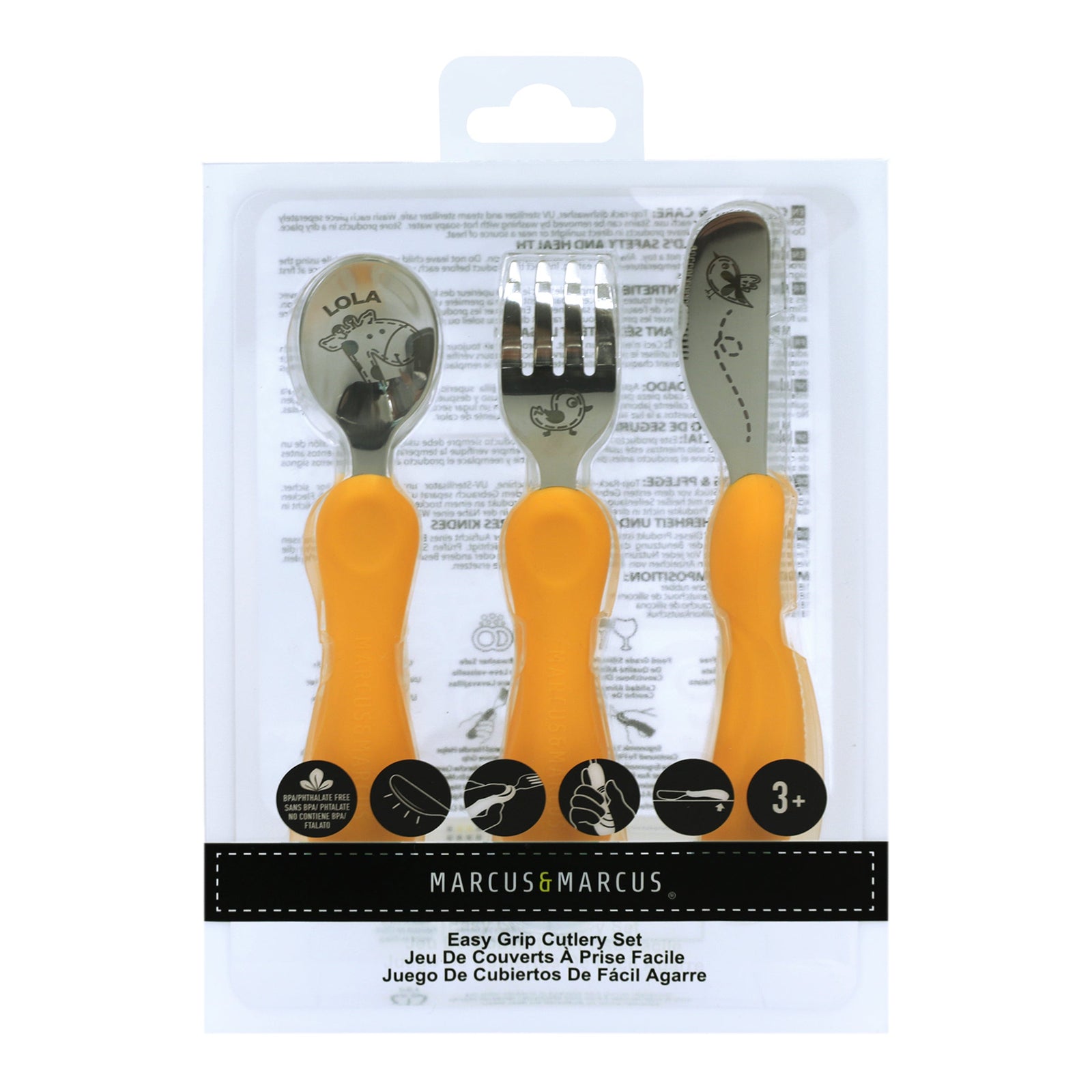 Marcus & Marcus Easy Grip Cutlery Set in yellow with Giraffe design, BPA-free silicone and stainless steel utensils for toddlers