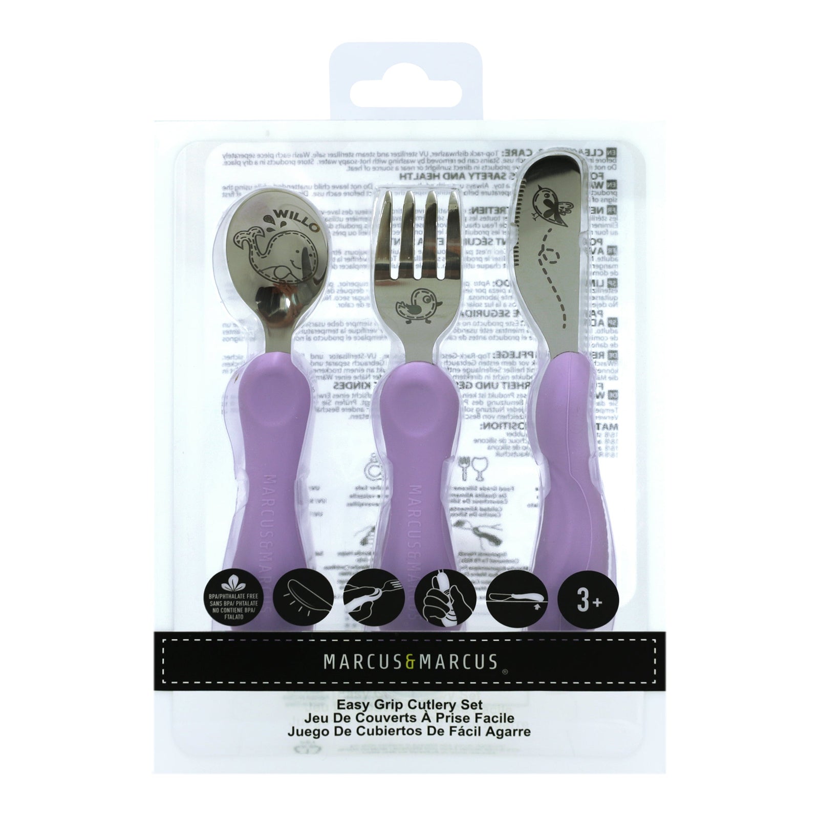 Marcus & Marcus Easy Grip Cutlery Set in purple with Whale design, BPA-free silicone and stainless steel utensils for toddlers