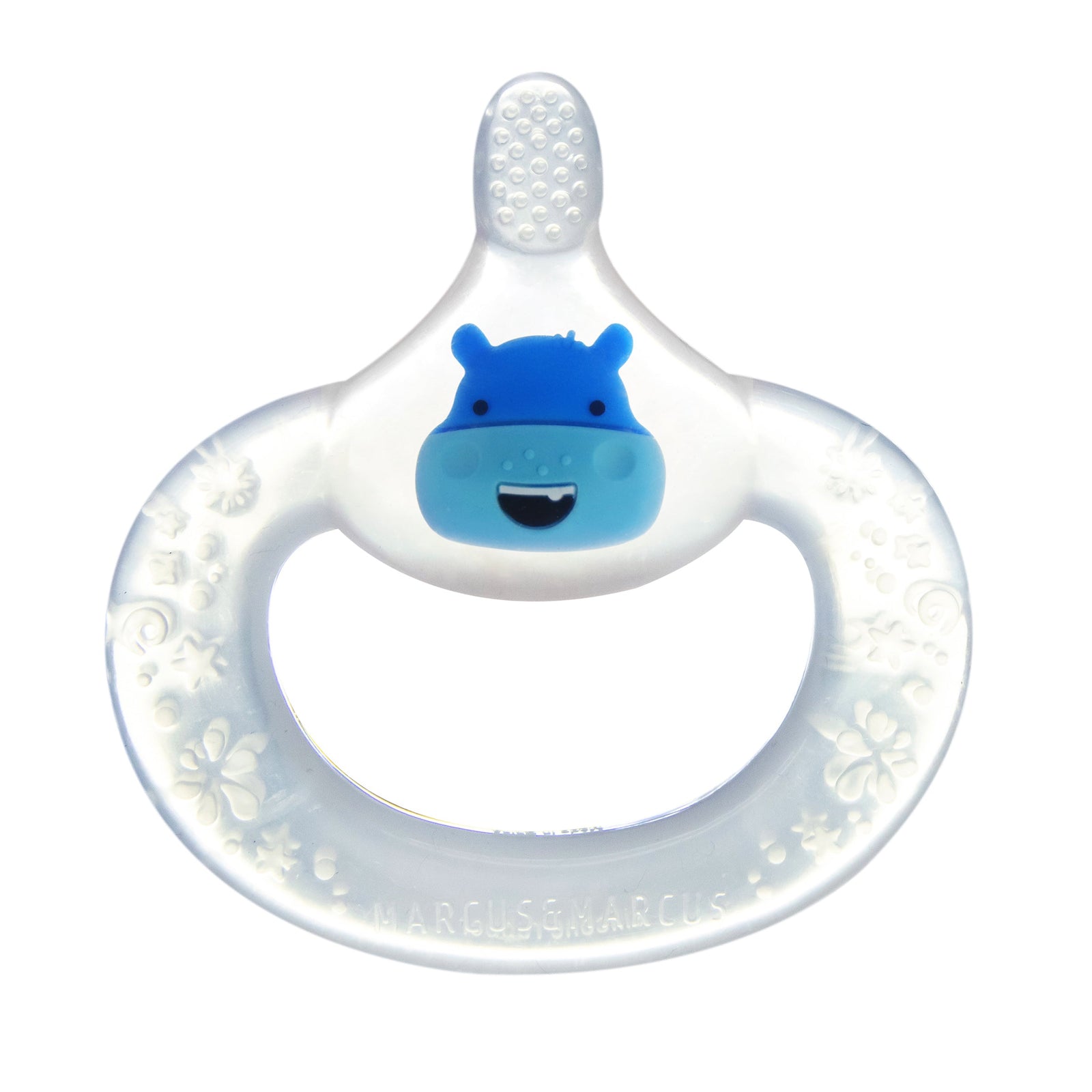 Marcus & Marcus Baby Teething Toothbrush in blue Hippo design, BPA-free silicone toothbrush with soft bristles and textured gum relief