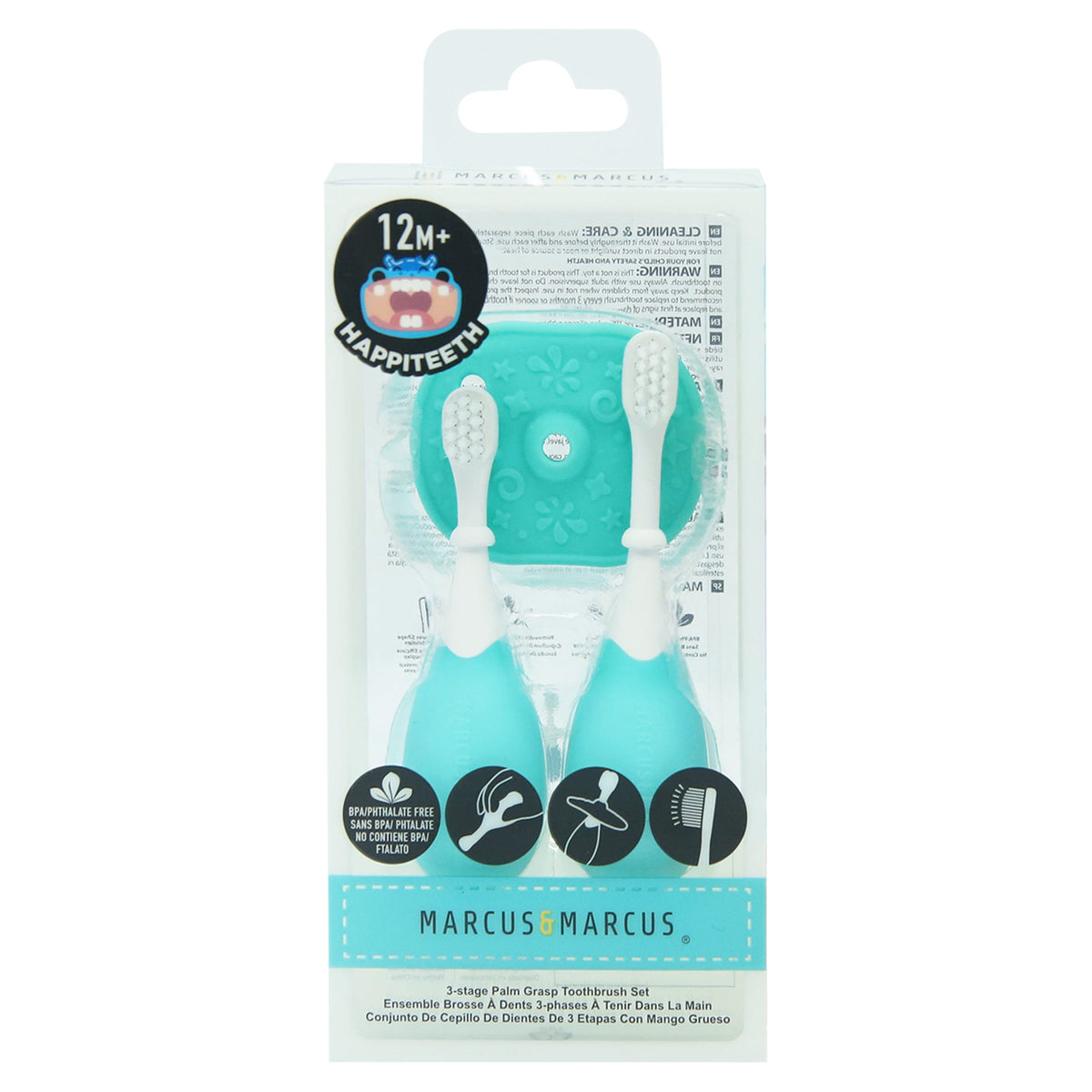 Marcus &amp; Marcus Three Stage Palm Grasp Toothbrush Set in blue and pink, BPA-free toddler toothbrush with soft bristles and safety shield