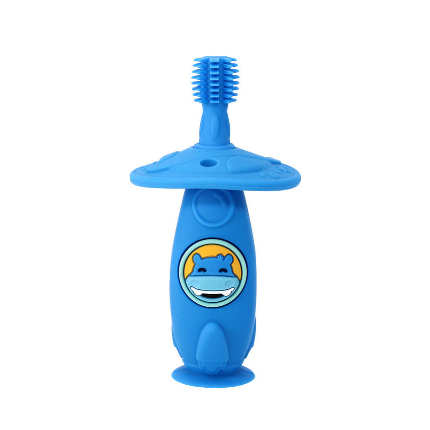 Marcus & Marcus Self Training 360 Toothbrush in blue Hippo design with 360° soft silicone bristles and suction base